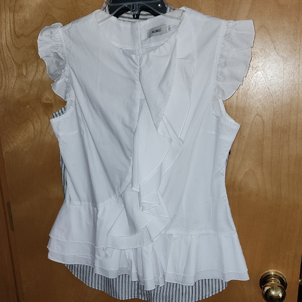 Aomei Crisp White Ruffle Sleeve Women's Top 100% Cotton Full Back Zip